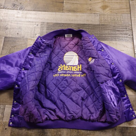 Vintage Satin Bomber Jacket Harrah’s Marina Hotel Casino Large Purple 80s Style - Picture 11 of 12